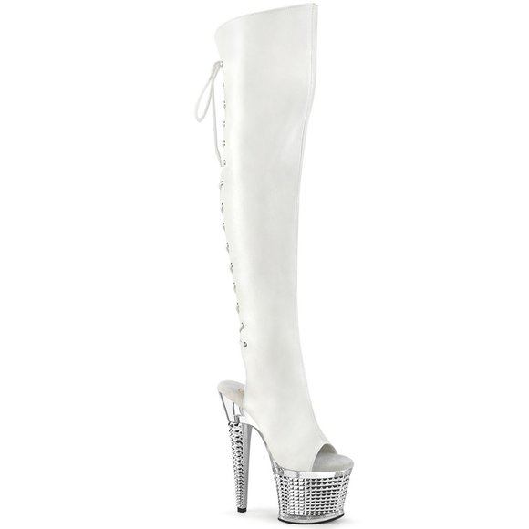Pleaser Shoes - Pleaser Spectator 3019 White Thigh High Boots With Chrome Platform High Heel